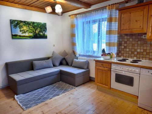 uma sala de estar com um sofá e uma cozinha em Ferienhaus Arnhof em Heidenreichstein