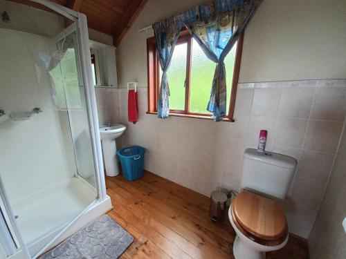 a bathroom with a toilet and a shower and a window at Little Patch of Heaven in Port Alfred