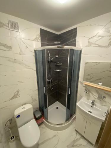 W łazience znajduje się prysznic, toaleta i umywalka. w obiekcie ANNA CENTRUM-Pokoje przy plaży (ul.Nadbrzeżna 5) w mieście Giżycko