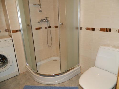 een badkamer met een douche en een toilet bij Pärnu City Center Apartment in Pärnu