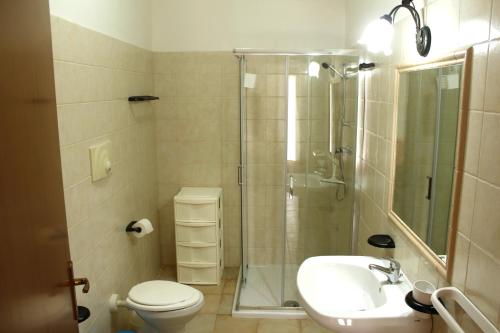 La salle de bains est pourvue d'une douche, de toilettes et d'un lavabo. dans l'établissement Villa Patrizia, à Taviano