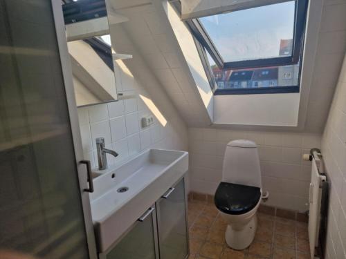 uma casa de banho com um lavatório, um WC e uma janela. em Aarhus Penthouse em Arhus