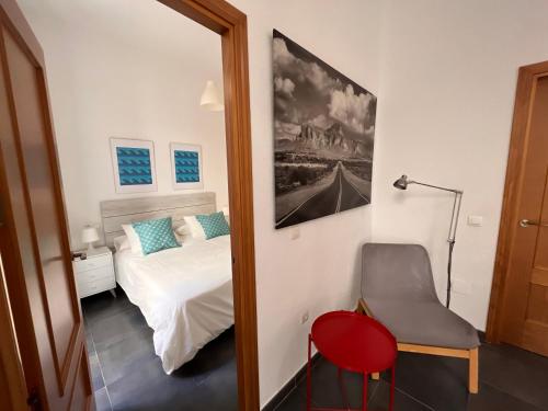 a bedroom with a bed and a chair and a mirror at MALAGA CENTRO CATEDRAL in Málaga