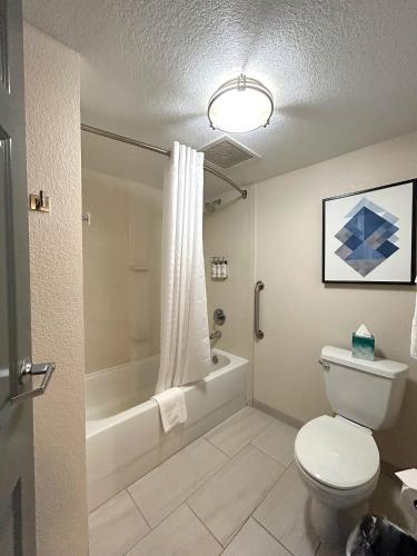 a bathroom with a toilet and a tub and a sink at Candlewood Suites Indianapolis Downtown Medical District by IHG in Indianapolis