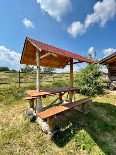 a picnic table with a roof on top of it at POLNA CHATA in Jasionówka