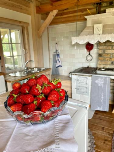 a bowl of strawberries sitting on a counter in a kitchen at POLNA CHATA in Jasionówka