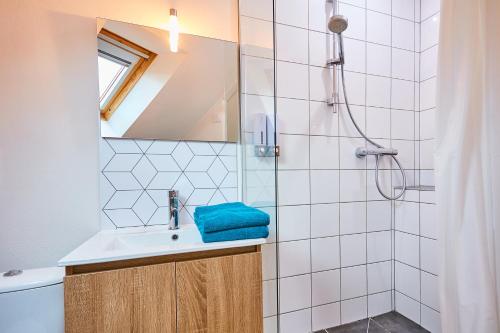une salle de bain avec un lavabo et une douche dans l'établissement Le duplex contemporain, à Pontarlier