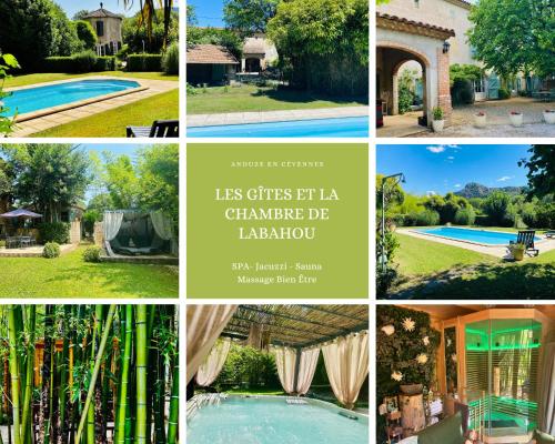 un collage de photos avec une piscine et une maison dans l'établissement Les Gîtes et la Chambre de Labahou SPA, à Anduze