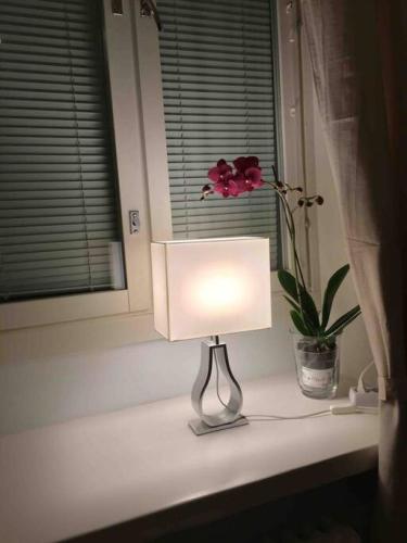 a lamp on a table with a flower in a window at VALLILA - Helsinki sleeping beauty, 2 big rooms in Helsinki
