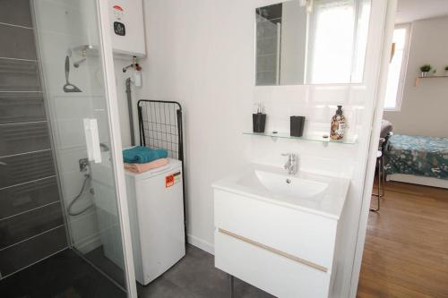 une salle de bain blanche avec un lavabo et une douche dans l'établissement Le cocon, à Angoulême
