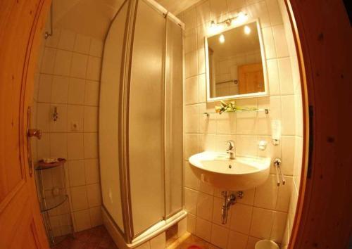 La salle de bains est pourvue d'une douche et d'un lavabo. dans l'établissement Landhaus Dajana, à Gaschurn