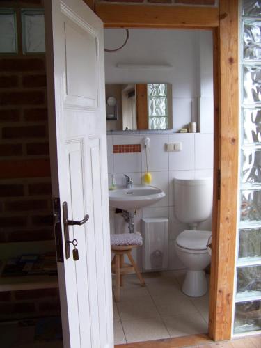 a bathroom with a toilet and a sink at Gemütliches kleines Studio in Alt Sassnitz in Sassnitz