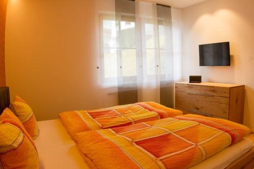 a bedroom with a bed and a dresser and a television at Appartement Montanea in Schruns-Tschagguns