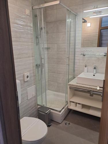 y baño con ducha, aseo y lavamanos. en Hotel Albamaris, en Biograd na Moru