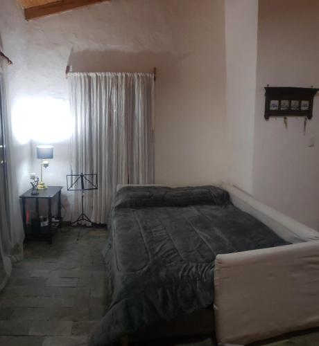 a bedroom with a bed and a table and a lamp at LA INESITA in Santa Ana