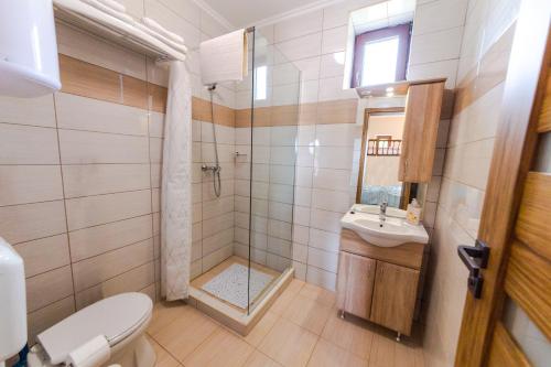 een badkamer met een douche, een toilet en een wastafel bij Eperke Vendégház- Vajdácska in Vajdácska