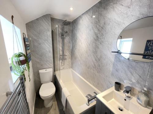 a bathroom with a toilet and a sink and a shower at Treholme, great space for a family beach holiday! in St Ives