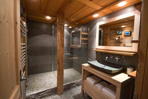 a bathroom with a shower with a sink and a mirror at Les Posettes, appartement Le Sizeray - Mont Blanc in Vallorcine