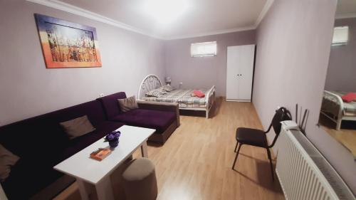 uma sala de estar com um sofá e uma mesa em Ekas apartamenti em Tbilisi