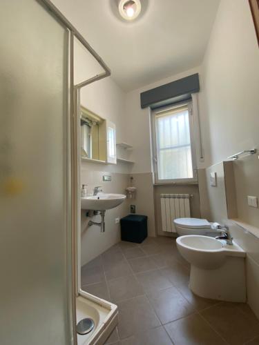 y baño con aseo, lavabo y ducha. en Delizioso Bilocale ad Albenga con Terrazzo Vista Mare, en Albenga