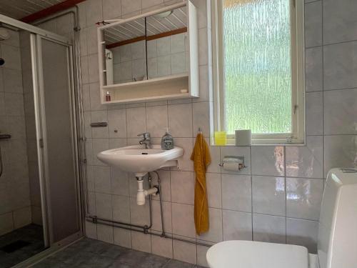 a bathroom with a sink and a toilet and a window at Öreryd in Hestra