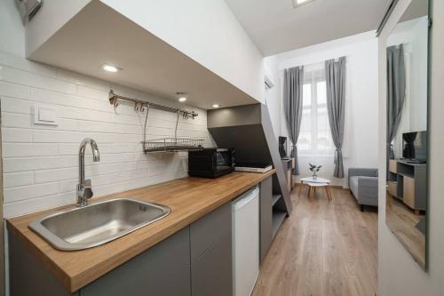 a kitchen with a sink and a counter top at Cityscape Apartments Kerepesi in Budapest