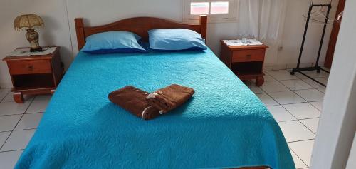 ein Schlafzimmer mit einem blauen Bett und einem Handtuch darauf in der Unterkunft Chez Mimose et Henri in Saint-Benoît