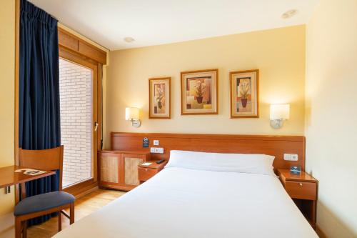 um quarto com uma cama, uma secretária e uma janela em Hostal Alda Río Duero em Soria