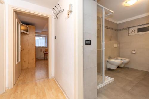 ein Bad mit einer Dusche und einem WC in der Unterkunft Villa Catia in Moena
