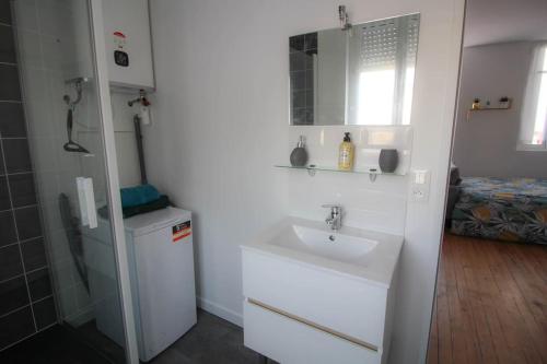 une salle de bain blanche avec un lavabo et une douche dans l'établissement Le Fanfrelin : Grand studio rénové/ Wi-fi, à Angoulême