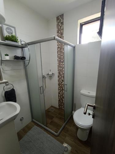 un baño con ducha y WC en Apartman Lav, en Divčibare