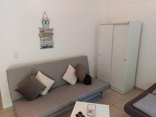 un soggiorno con divano grigio e cuscini di Palm Beach Apartment Peraia a Perea