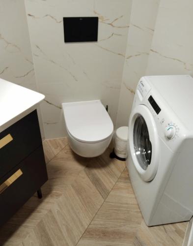 a bathroom with a toilet and a washing machine at Apartament Nowy Władek 3 in Władysławowo