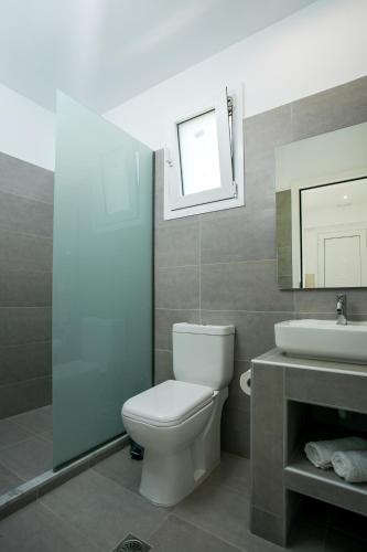 a bathroom with a white toilet and a sink at VOULA APARTMENTS in Faliraki
