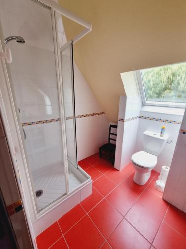 uma casa de banho com um chuveiro e um WC. em Villa les mouettes, au bord de la mer. em Saint Malo