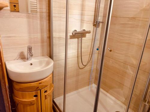 une salle de bain avec douche et lavabo dans l'établissement Studio montagnard pour 3 pers à Arc 1600, proche pistes et commerces - FR-1-411-468, à Arc 1600