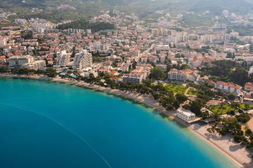 an aerial view of a beach and a city at Hotel Central Beach 9 in Makarska