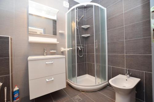 a bathroom with a shower and a sink and a toilet at Miro Apartment in Rovinj