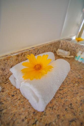 a yellow flower sitting on top of a towel at Pousada Polymar in Maragogi