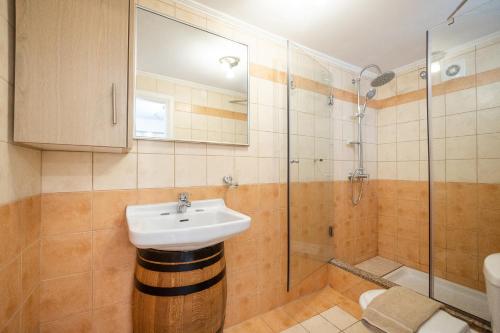 ein Bad mit einem Waschbecken und einer Dusche in der Unterkunft Mathraki Resort in Gouvia