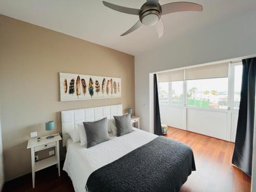 1 dormitorio con 1 cama y ventilador de techo en Casa Lola, en Costa Teguise