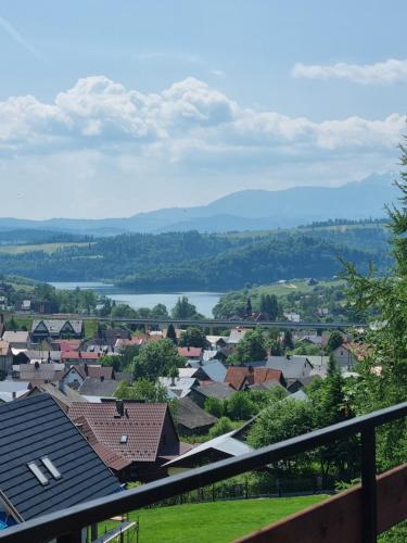 a view of a town with a lake in the distance at Willa Anna Kluszkowce in Kluszkowce