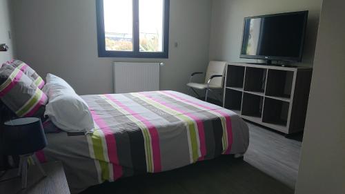 une chambre avec un lit et une télévision à écran plat dans l'établissement Maison L'allée des Arums, à Oloron-Sainte-Marie