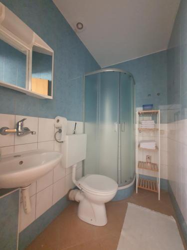 e bagno con doccia, servizi igienici e lavandino. di Apartments Jelinic a Polača