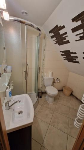 a bathroom with a toilet and a shower and a sink at Agroturystyka Ruta nad zalewem Siemianówka in Łuka