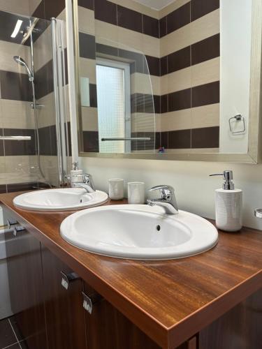 a bathroom with two sinks and a mirror at Nema s Apartment 1 in Braşov