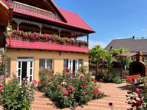 阿加皮亞的住宿－Pensiunea Alina，一座有红色屋顶的房屋,上面有鲜花