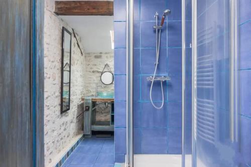 La salle de bains est pourvue d'une douche avec un mur bleu. dans l'établissement Agréable maison de ville solognote avec jardin, à Olivet