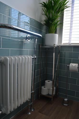 a bathroom with a white radiator and a plant at The Hop Merchant's House in Worcester