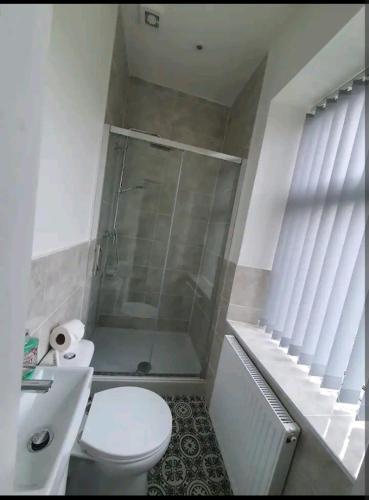 ein Bad mit einer Dusche, einem WC und einem Waschbecken in der Unterkunft Private Room Ensuite D Burnley city in Burnley